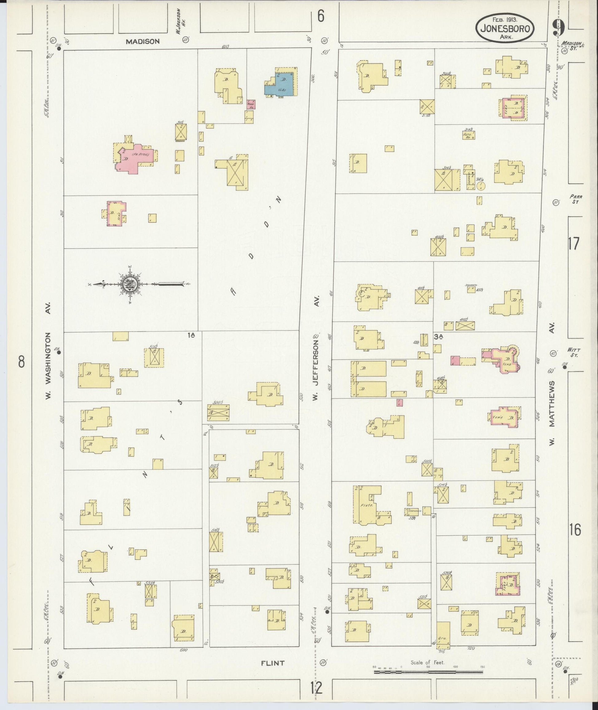 Sanborn Fire Insurance Map from Jonesboro, Craighead County, Arkansas (1913), Sheet #0009 - Complete Map Set gallery image, historic Sanborn map, vintage wall art, Arkansas Arkansas