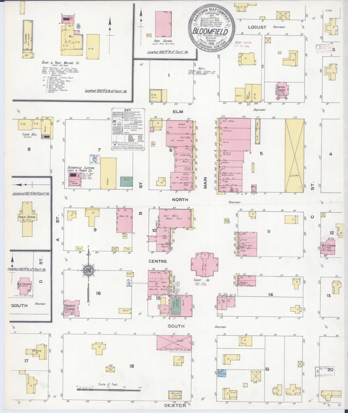 Sanborn Fire Insurance Map from Bloomfield, Stoddard County, Missouri (1910), Sheet #0001 - Historic Sanborn Fire Insurance Map Print, vintage old map wall art, antique decor, genealogy gift, Missouri Missouri map