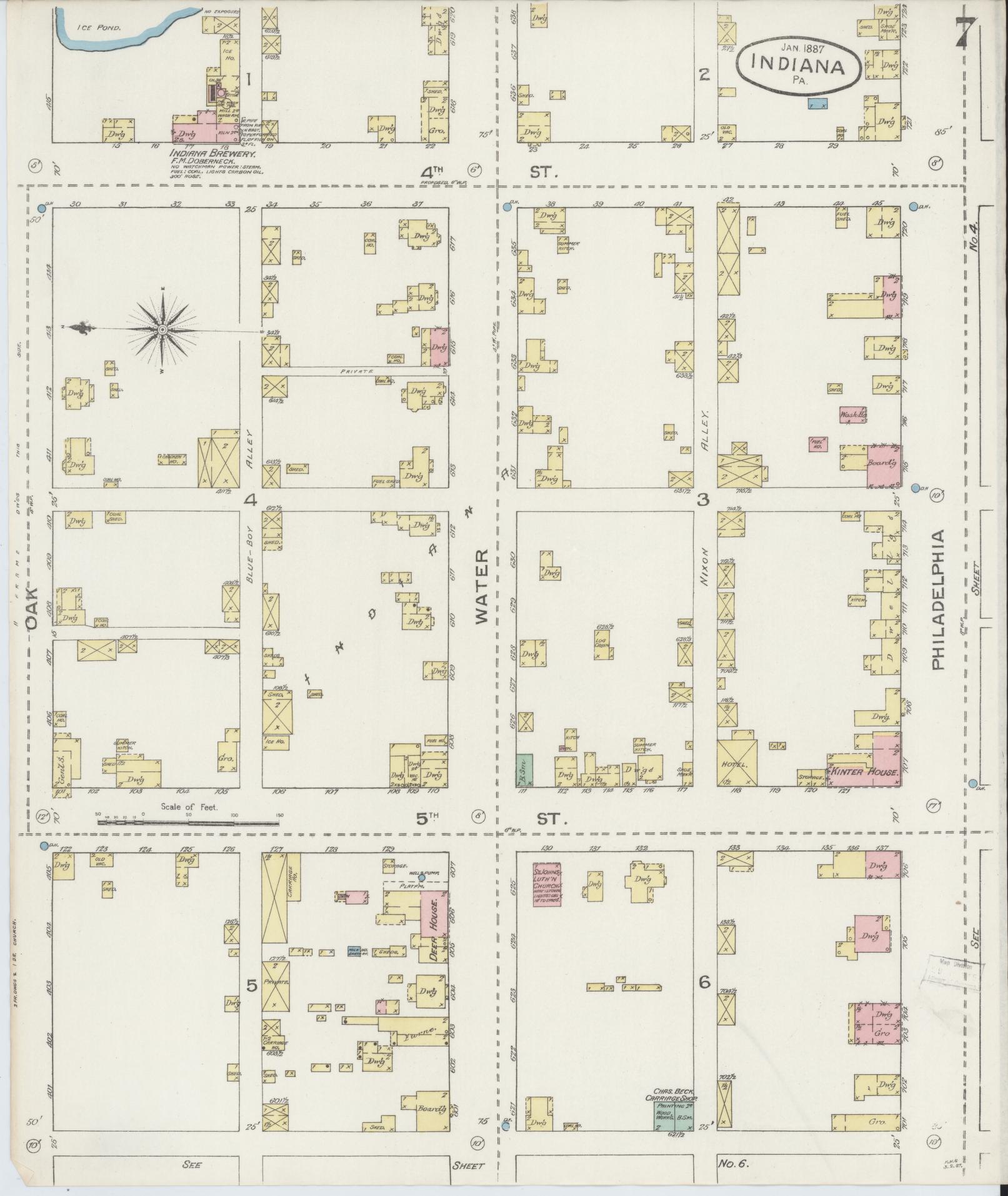 Sanborn Fire Insurance Map from Indiana, Indiana County, Pennsylvania (1887), Sheet #0007 - Historic Sanborn Fire Insurance Map Print, vintage old map wall art, antique decor, genealogy gift, Sanborn Fire Insurance Map from Indiana Indiana map