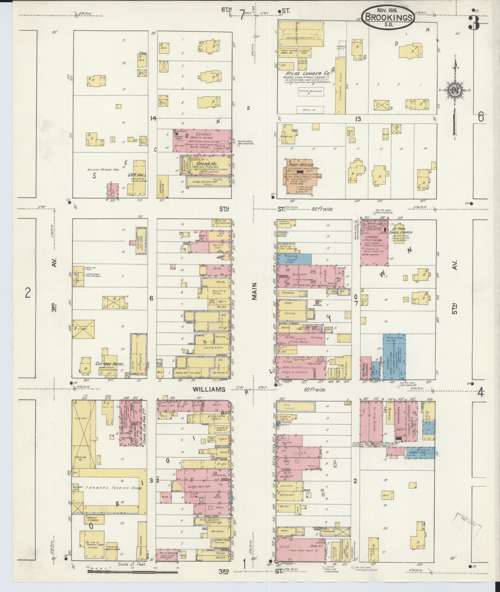 Sanborn Fire Insurance Map from Brookings, Brookings County, South Dakota (1916), Sheet #0003 - Historic Sanborn Fire Insurance Map Print, vintage old map wall art, antique decor, genealogy gift, South Dakota South Dakota map