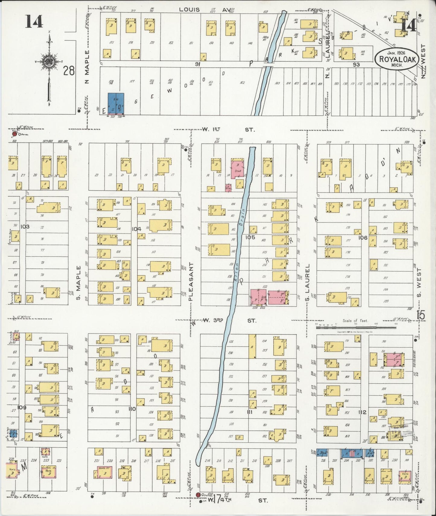 Sanborn Fire Insurance Map from Royal Oak, Oakland County, Michigan (1926), Sheet #0014 - Complete Map Set gallery image, historic Sanborn map, vintage wall art, Michigan Michigan