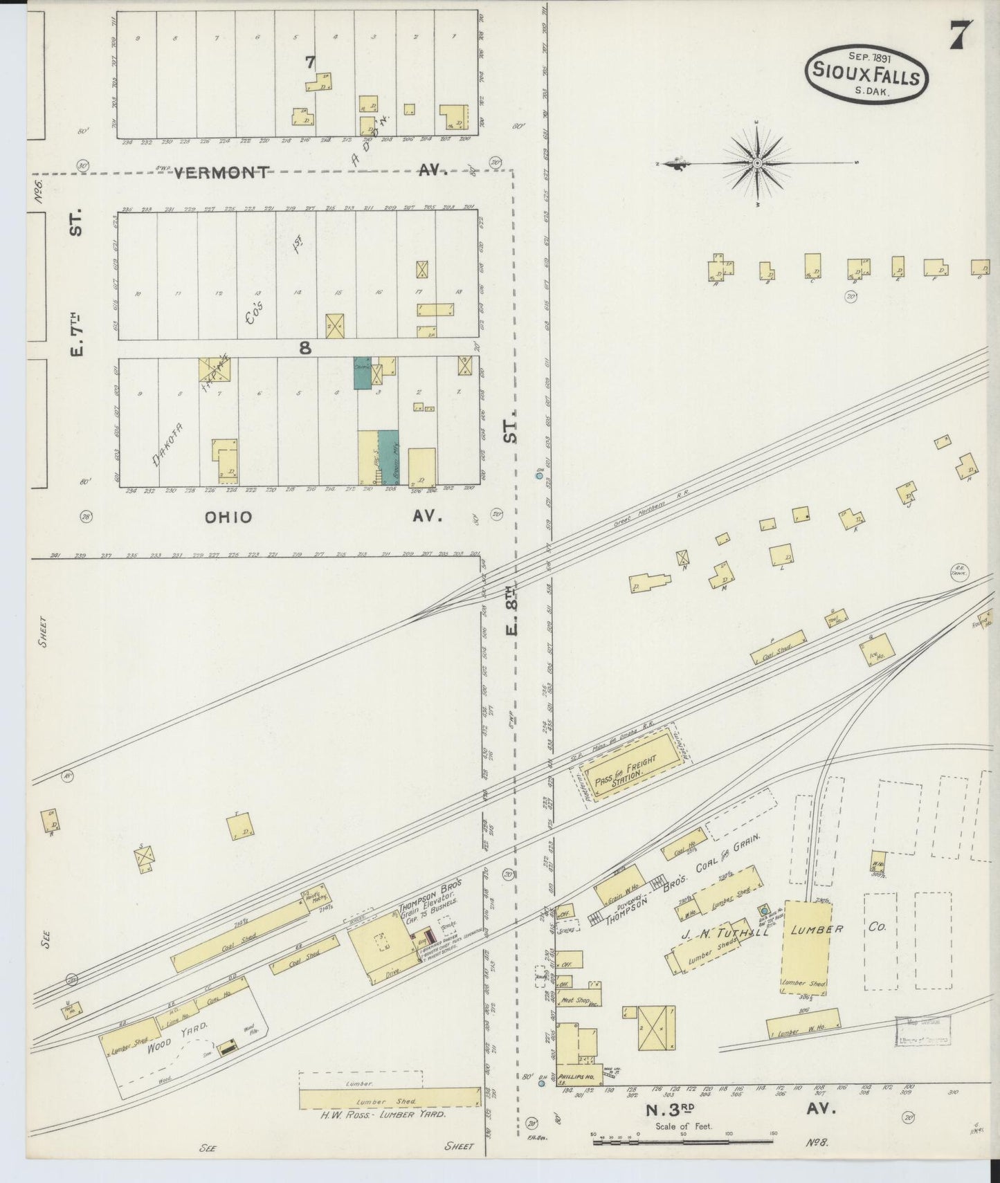 Sanborn Fire Insurance Map from Sioux Falls, Minnehaha County, South Dakota (1891), Sheet #0007 - Complete Map Set gallery image, historic Sanborn map, vintage wall art, South Dakota South Dakota