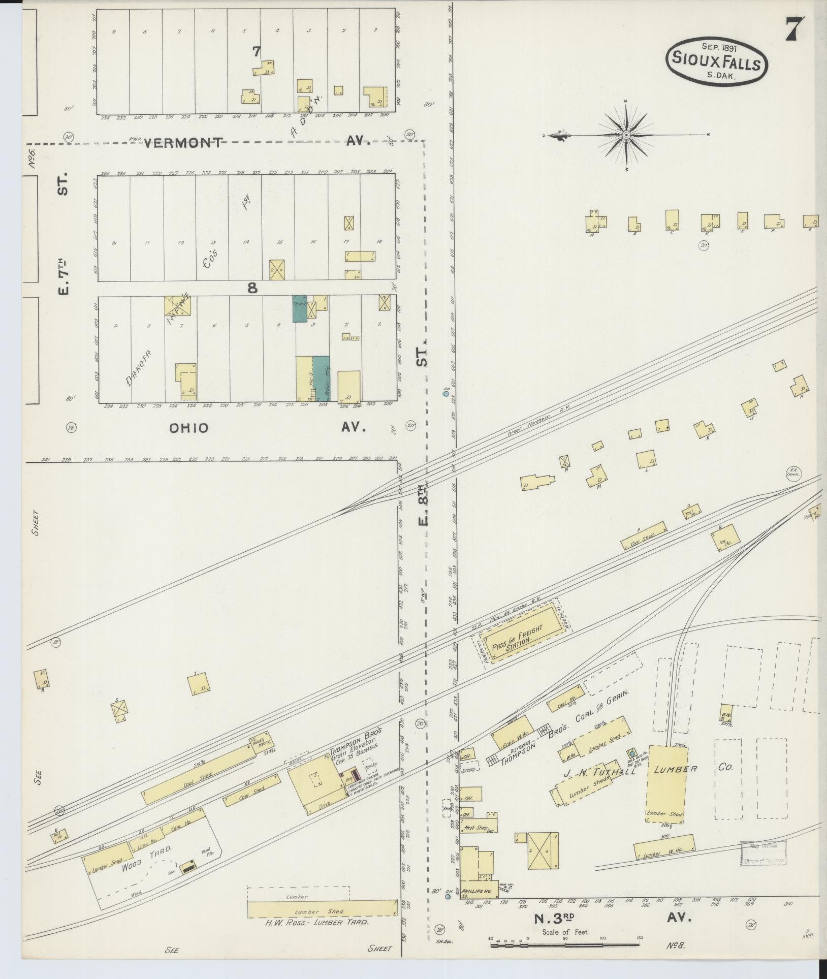 Sanborn Fire Insurance Map from Sioux Falls, Minnehaha County, South Dakota (1891), Sheet #0007 - Complete Map Set gallery image, historic Sanborn map, vintage wall art, South Dakota South Dakota