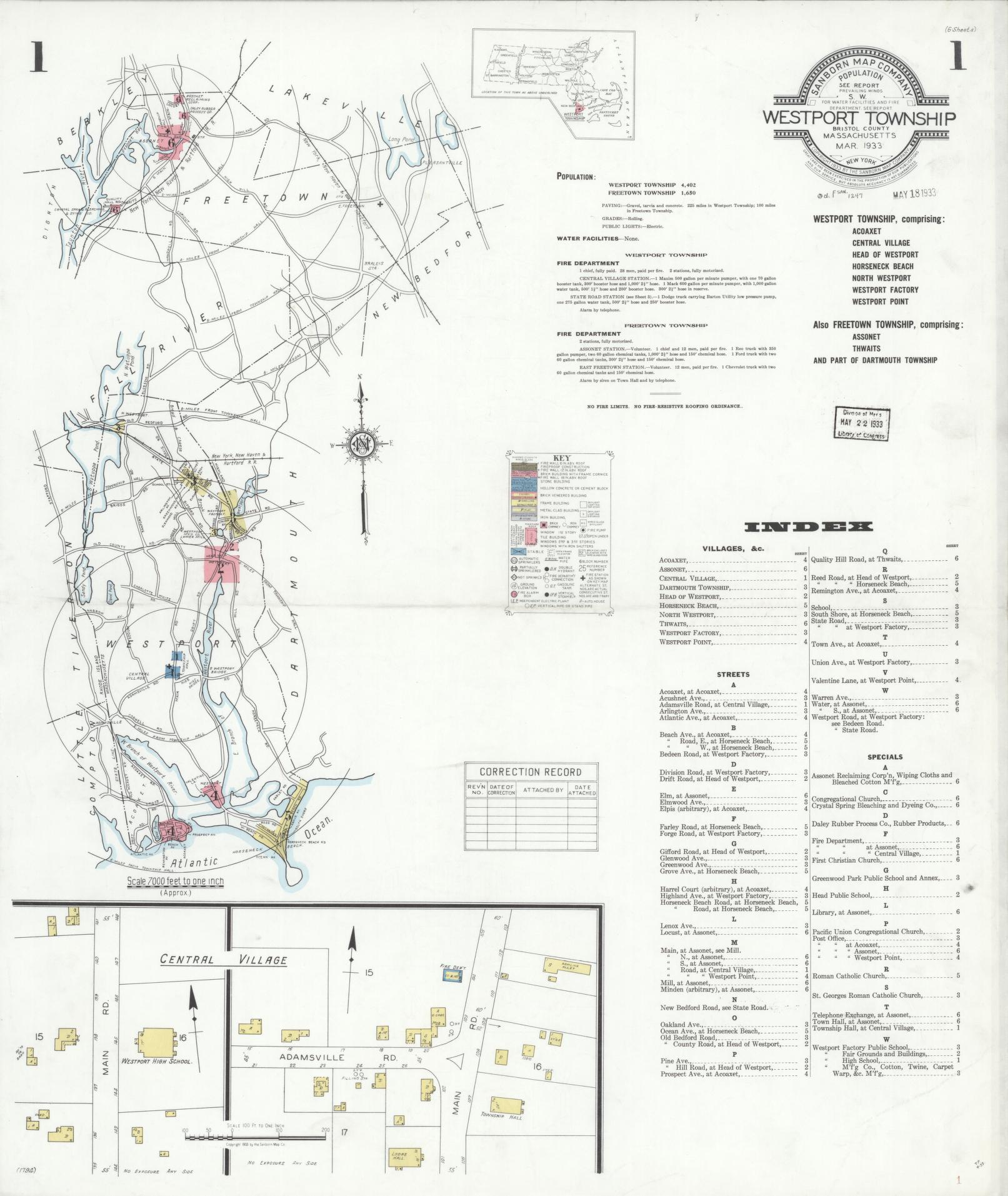 Sanborn Fire Insurance Map from Westport Township, Bristol County, Massachusetts (1933), Sheet #0001 - Historic Sanborn Fire Insurance Map Print, vintage old map wall art, antique decor, genealogy gift, Massachusetts Massachusetts map