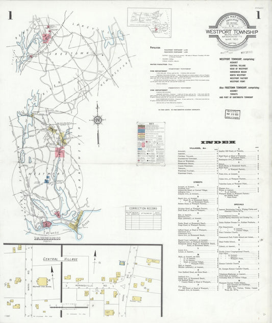 Sanborn Fire Insurance Map from Westport Township, Bristol County, Massachusetts (1933), Sheet #0001 - Historic Sanborn Fire Insurance Map Print, vintage old map wall art, antique decor, genealogy gift, Massachusetts Massachusetts map