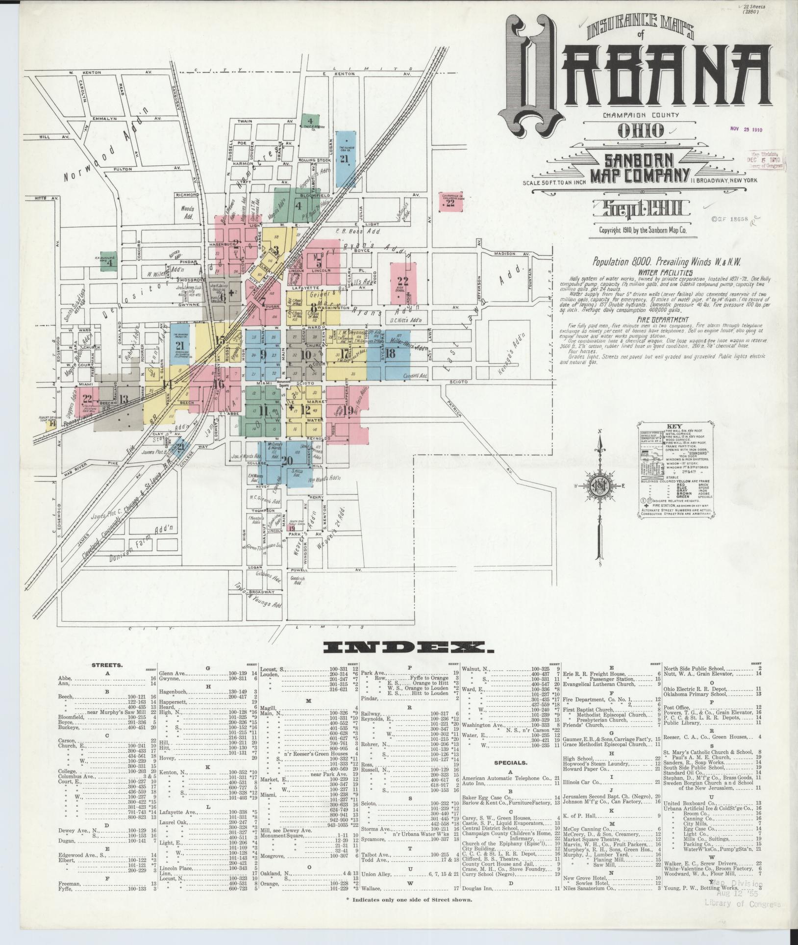 Sanborn Fire Insurance Map from Urbana, Champaign County, Ohio (1910), Sheet #0001 - Historic Sanborn Fire Insurance Map Print, vintage old map wall art, antique decor, genealogy gift, Ohio Ohio map