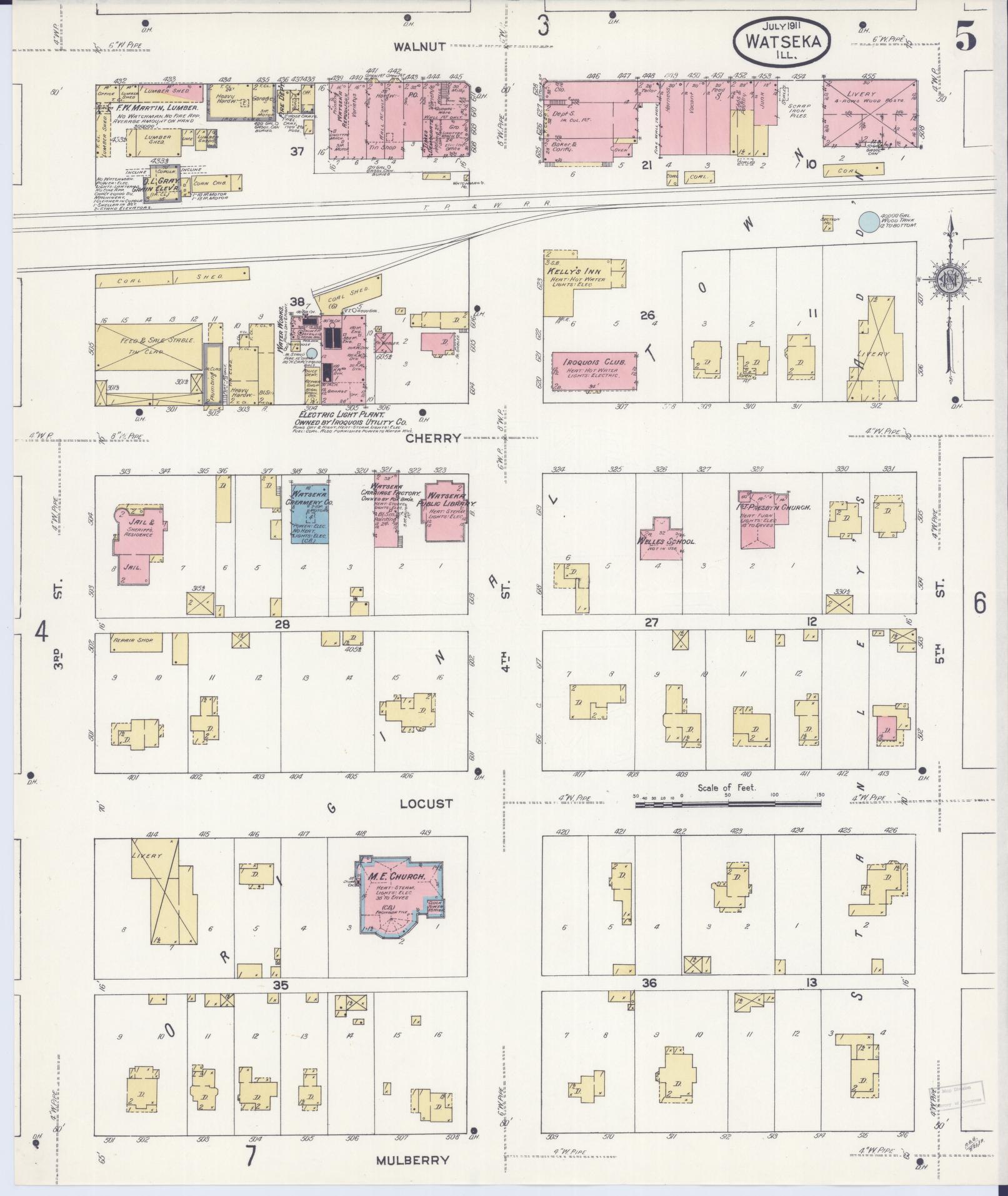 Sanborn Fire Insurance Map from Watseka, Iroquois County, Illinois (1911), Sheet #0005 - Complete Map Set gallery image, historic Sanborn map, vintage wall art, Illinois Illinois