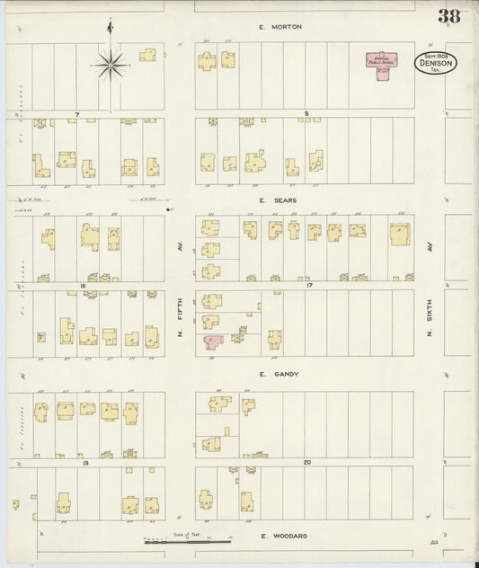 Sanborn Fire Insurance Map from Denison, Grayson County, Texas (1908), Sheet #0038 - Historic Sanborn Fire Insurance Map Print, vintage old map wall art, antique decor, genealogy gift, Texas Texas map