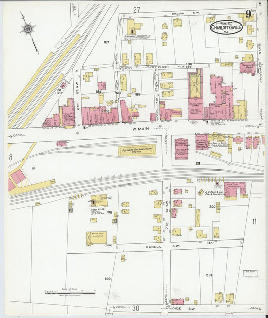 Sanborn Fire Insurance Map from Charlottesville, Independent Cities, Virginia (1920), Sheet #0009 - Historic Sanborn Fire Insurance Map Print, vintage old map wall art, antique decor, genealogy gift, Virginia Virginia map