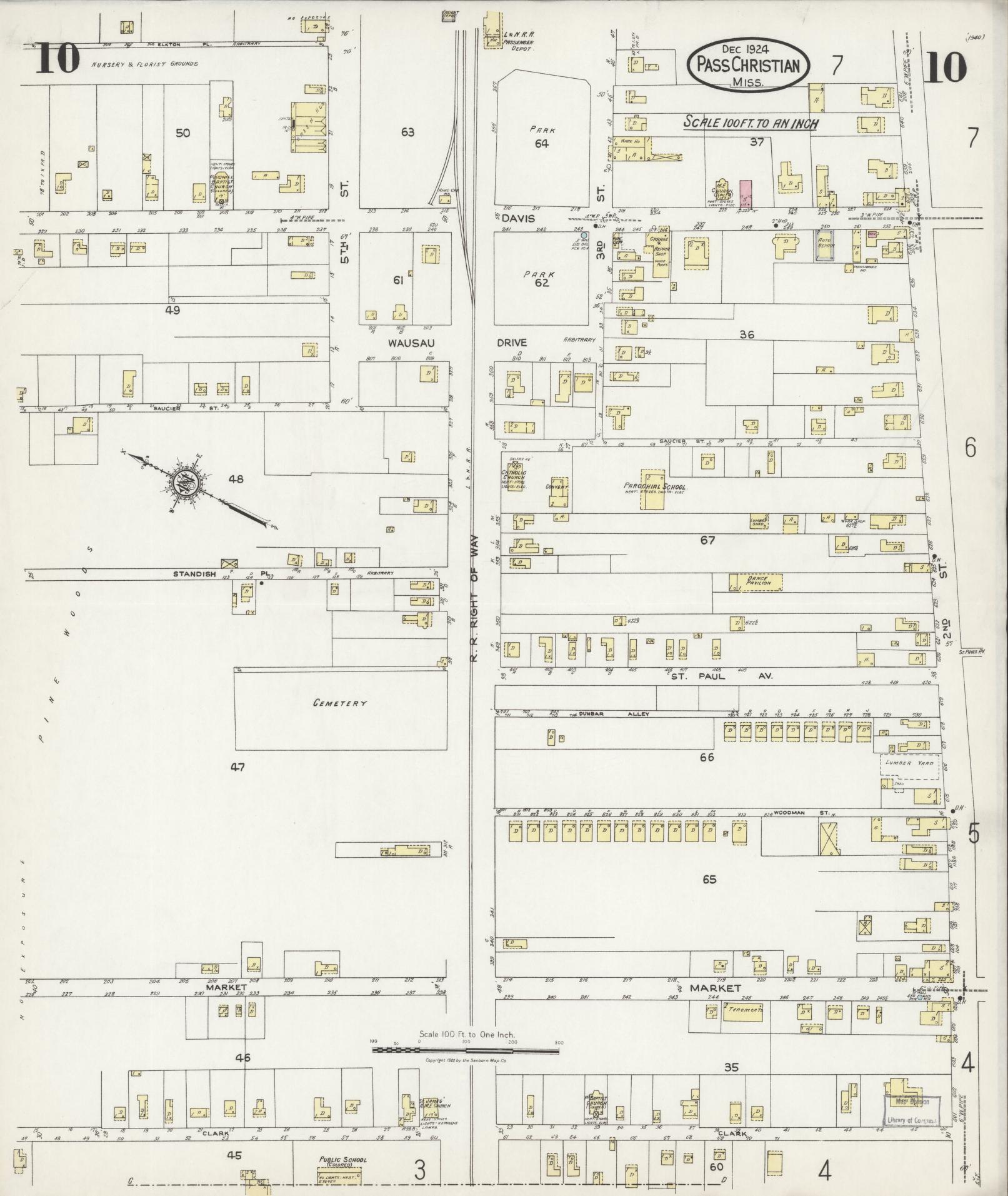 Sanborn Fire Insurance Map from Pass Christian, Harrison County, Mississippi (1924), Sheet #0010 - Historic Sanborn Fire Insurance Map Print, vintage old map wall art, antique decor, genealogy gift, Mississippi Mississippi map