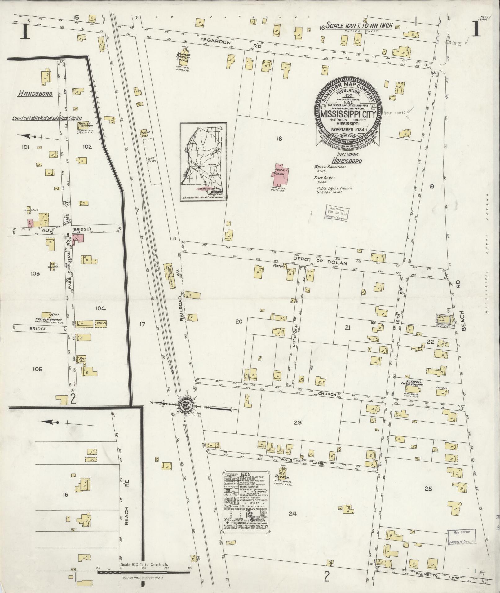 Sanborn Fire Insurance Map from Mississippi City, Harrison County, Mississippi (1924), Sheet #0001 - Historic Sanborn Fire Insurance Map Print, vintage old map wall art, antique decor, genealogy gift, Mississippi Mississippi map