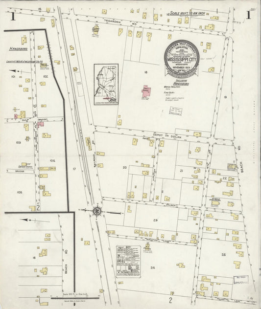 Sanborn Fire Insurance Map from Mississippi City, Harrison County, Mississippi (1924), Sheet #0001 - Historic Sanborn Fire Insurance Map Print, vintage old map wall art, antique decor, genealogy gift, Mississippi Mississippi map
