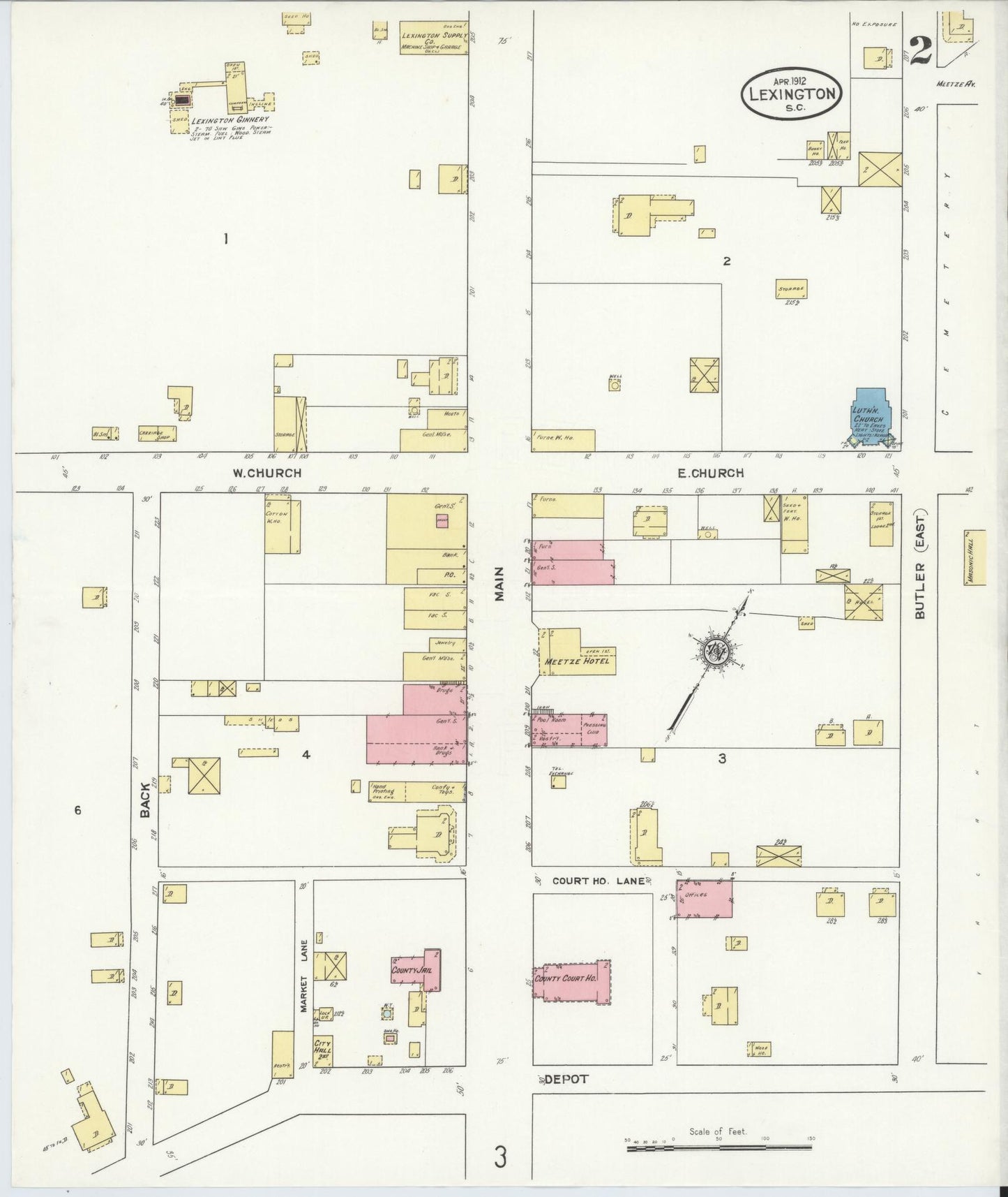 Sanborn Fire Insurance Map from Lexington, Lexington County, South Carolina (1912), Sheet #0002 - Complete Map Set gallery image, historic Sanborn map, vintage wall art, South Carolina South Carolina