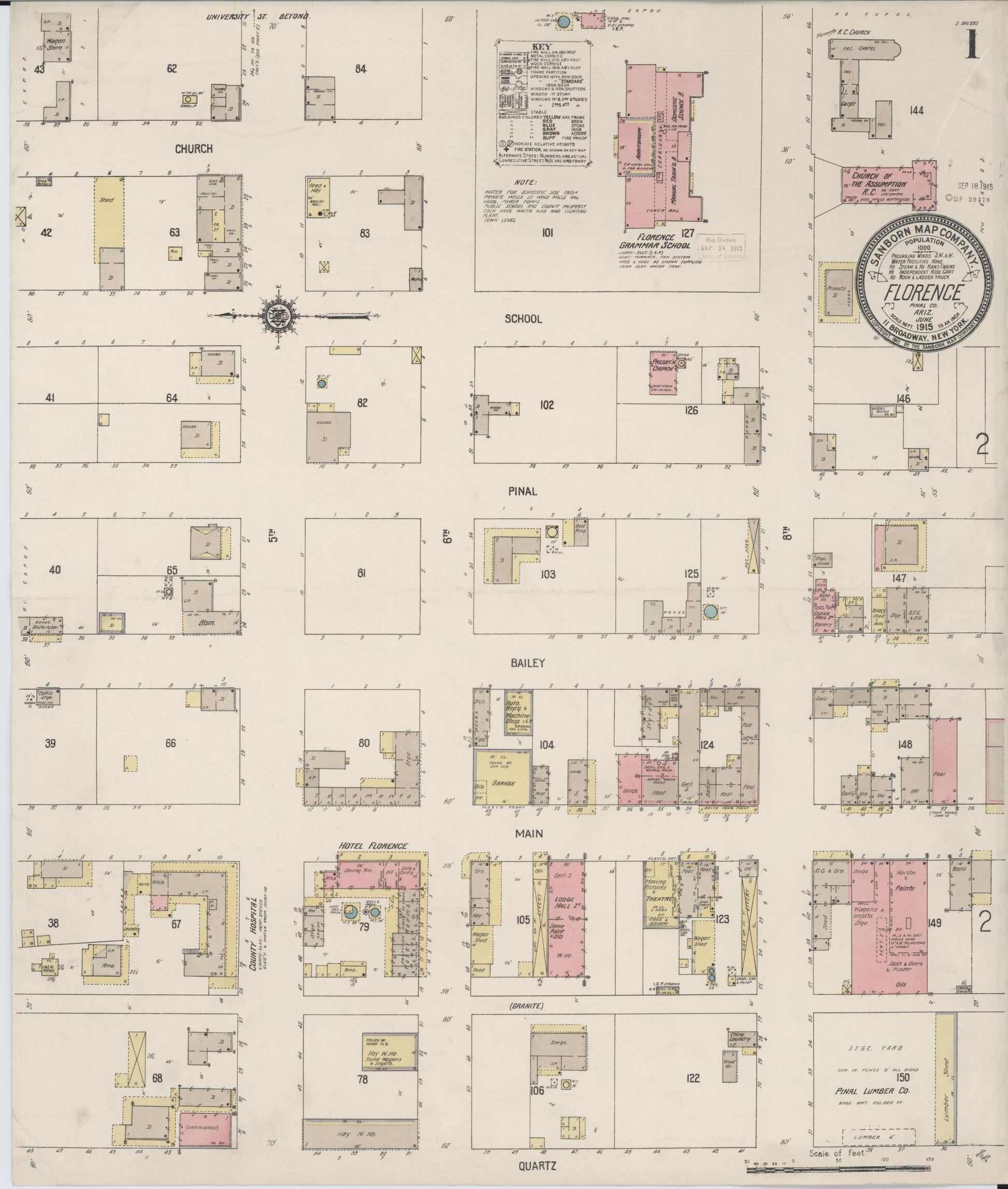 Sanborn Fire Insurance Map from Florence, Pinal County, Arizona (1915), Sheet #0001 - Historic Sanborn Fire Insurance Map Print, vintage old map wall art, antique decor, genealogy gift, Arizona Arizona map