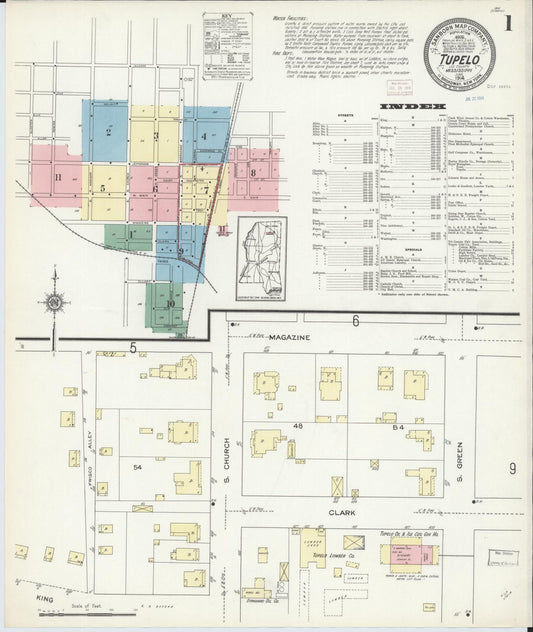 Sanborn Fire Insurance Map from Tupelo, Lee County, Mississippi (1914), Sheet #0001 - Complete Map Set gallery image, historic Sanborn map, vintage wall art, Mississippi Mississippi