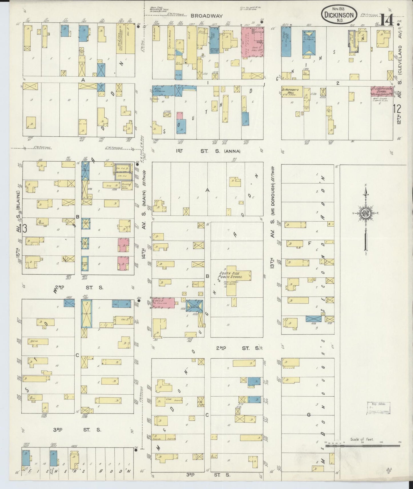 Sanborn Fire Insurance Map from Dickinson, Stark County, North Dakota (1913), Sheet #0014 - Historic Sanborn Fire Insurance Map Print, vintage old map wall art, antique decor, genealogy gift, North Dakota North Dakota map