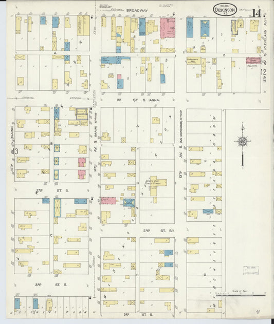 Sanborn Fire Insurance Map from Dickinson, Stark County, North Dakota (1913), Sheet #0014 - Historic Sanborn Fire Insurance Map Print, vintage old map wall art, antique decor, genealogy gift, North Dakota North Dakota map