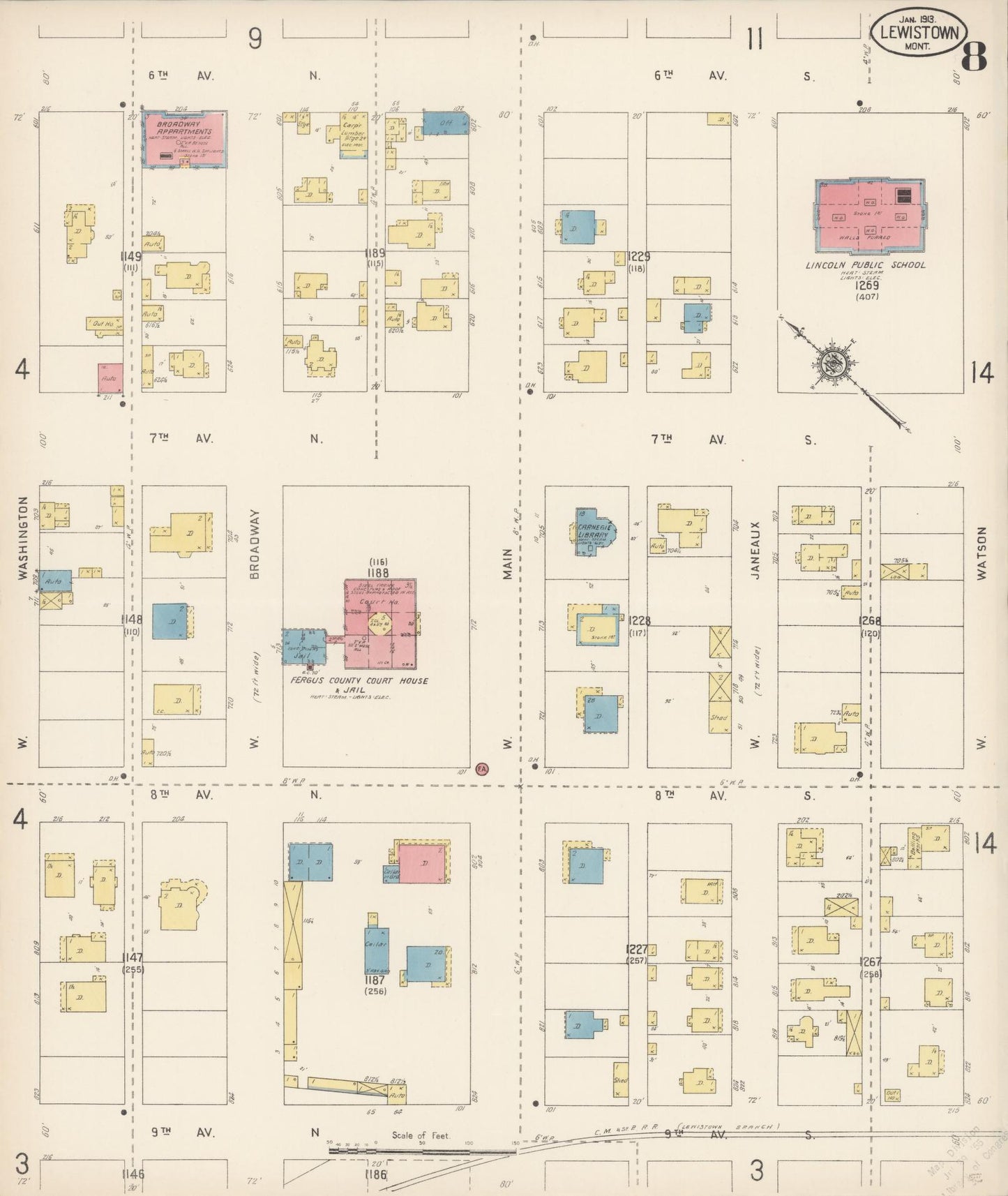 Sanborn Fire Insurance Map from Lewistown, Fergus County, Montana (1913), Sheet #0008 - Complete Map Set gallery image, historic Sanborn map, vintage wall art, Montana Montana