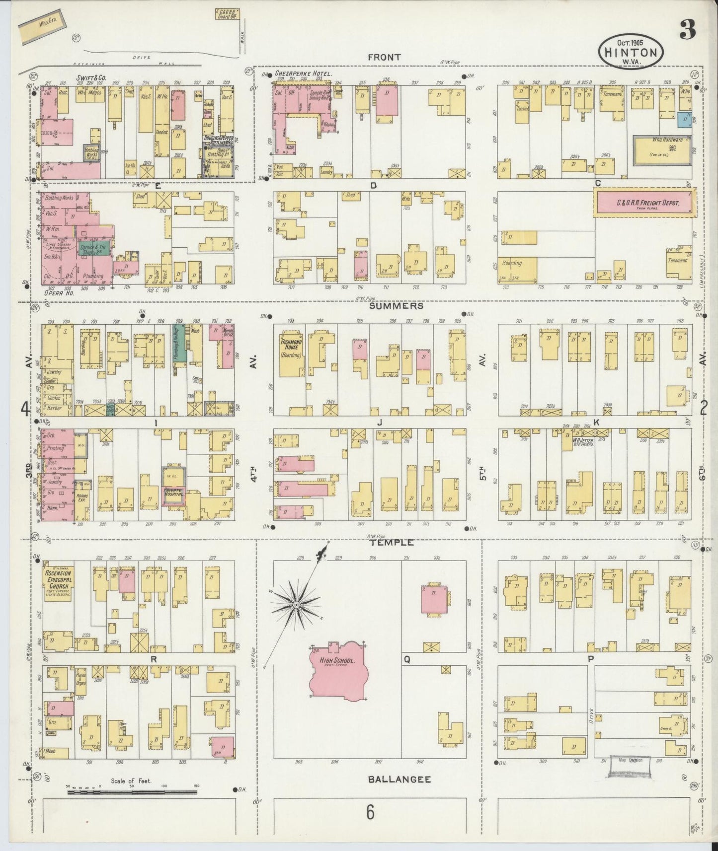Sanborn Fire Insurance Map from Hinton, Summer County, West Virginia (1905), Sheet #0003 - Complete Map Set gallery image, historic Sanborn map, vintage wall art, West Virginia West Virginia