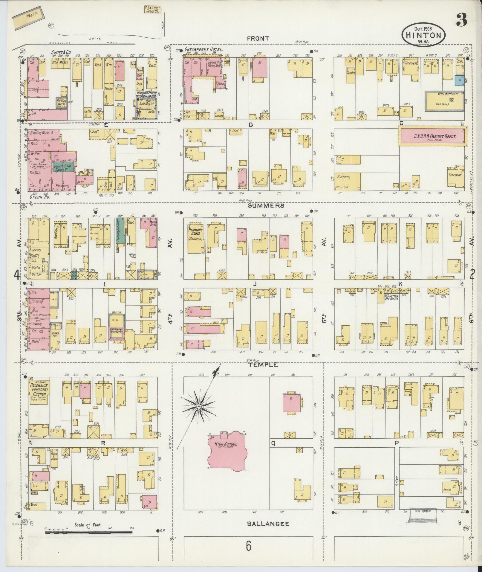 Sanborn Fire Insurance Map from Hinton, Summer County, West Virginia (1905), Sheet #0003 - Complete Map Set gallery image, historic Sanborn map, vintage wall art, West Virginia West Virginia