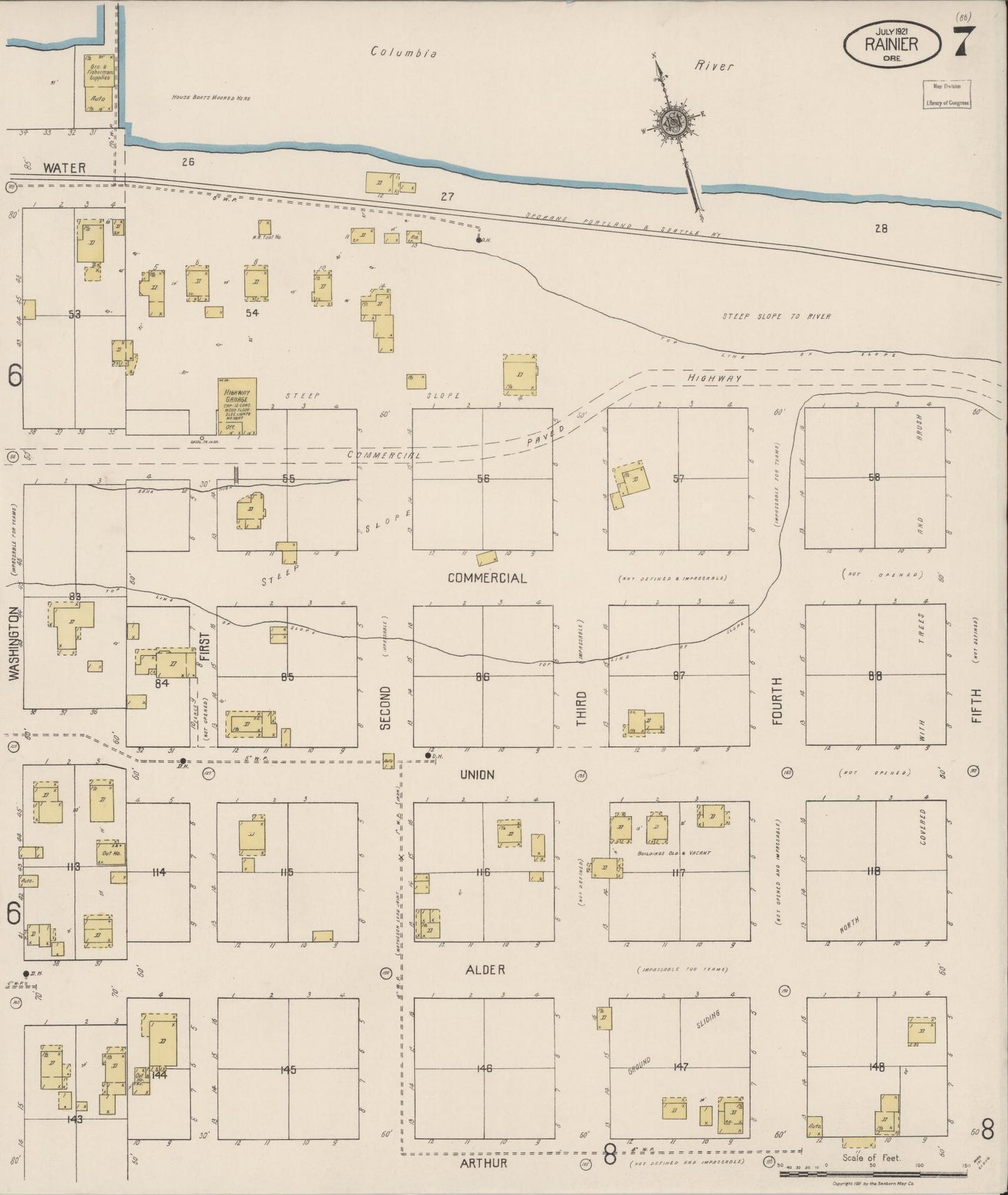 Sanborn Fire Insurance Map from Rainier, Columbia County, Oregon (1921), Sheet #0007 - Historic Sanborn Fire Insurance Map Print, vintage old map wall art, antique decor, genealogy gift, Oregon Oregon map