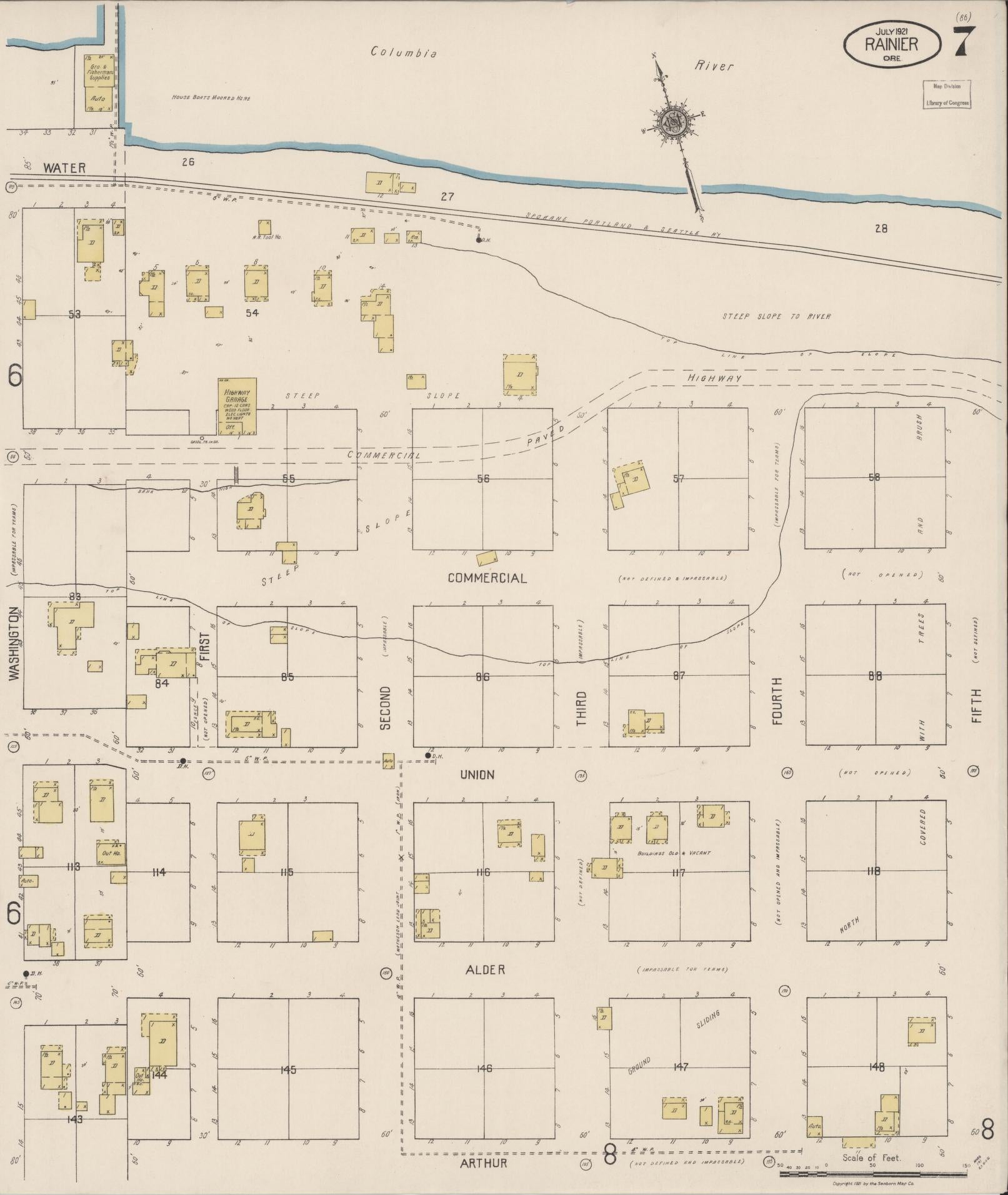 Sanborn Fire Insurance Map from Rainier, Columbia County, Oregon (1921), Sheet #0007 - Historic Sanborn Fire Insurance Map Print, vintage old map wall art, antique decor, genealogy gift, Oregon Oregon map