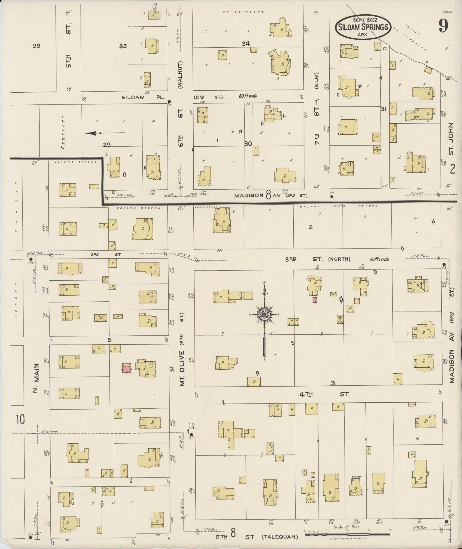 Sanborn Fire Insurance Map from Siloam Springs, Benton County, Arkansas (1922), Sheet #0009 - Complete Map Set gallery image, historic Sanborn map, vintage wall art, Arkansas Arkansas