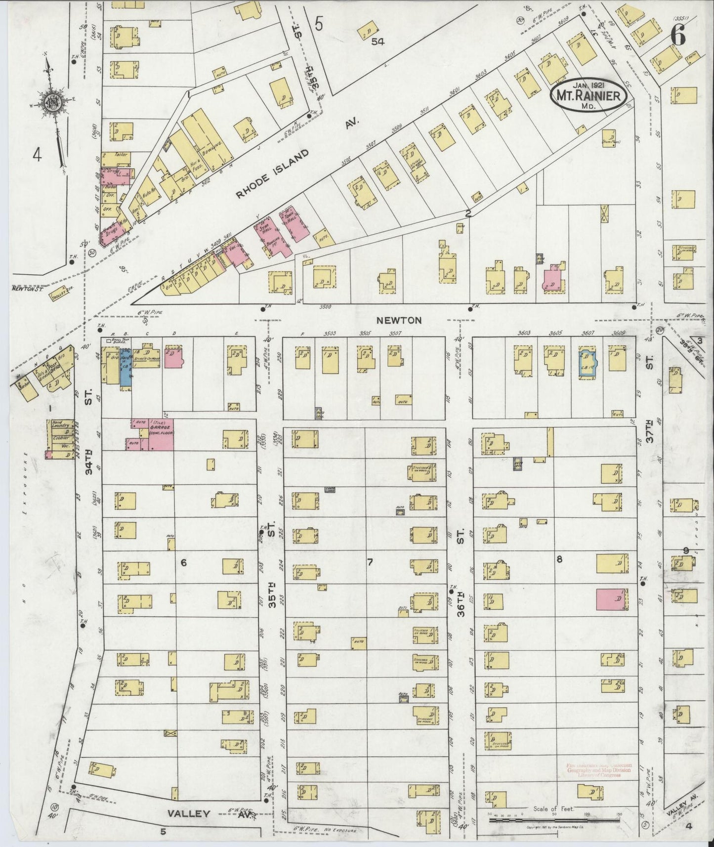 Sanborn Fire Insurance Map from Mount Rainier, Prince Georges County, Maryland (1921), Sheet #0006 - Historic Sanborn Fire Insurance Map Print, vintage old map wall art
