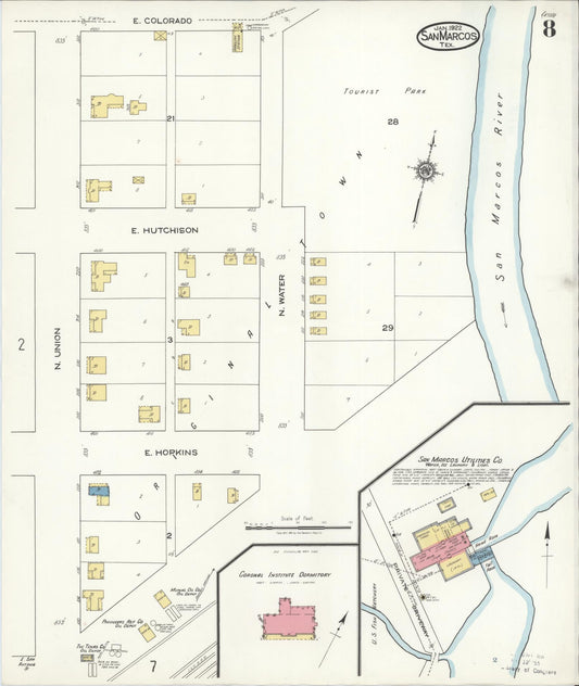 Sanborn Fire Insurance Map from San Marcos, Hays County, Texas (1922), Sheet #0008 - Historic Sanborn Fire Insurance Map Print, vintage old map wall art, antique decor, genealogy gift, Texas Texas map