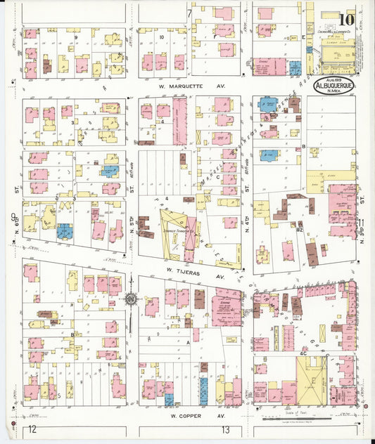 Sanborn Fire Insurance Map from Albuquerque, Bernalillo County, New Mexico (1919), Sheet #0010 - Historic Sanborn Fire Insurance Map Print, vintage old map wall art, antique decor, genealogy gift, New Mexico New Mexico map