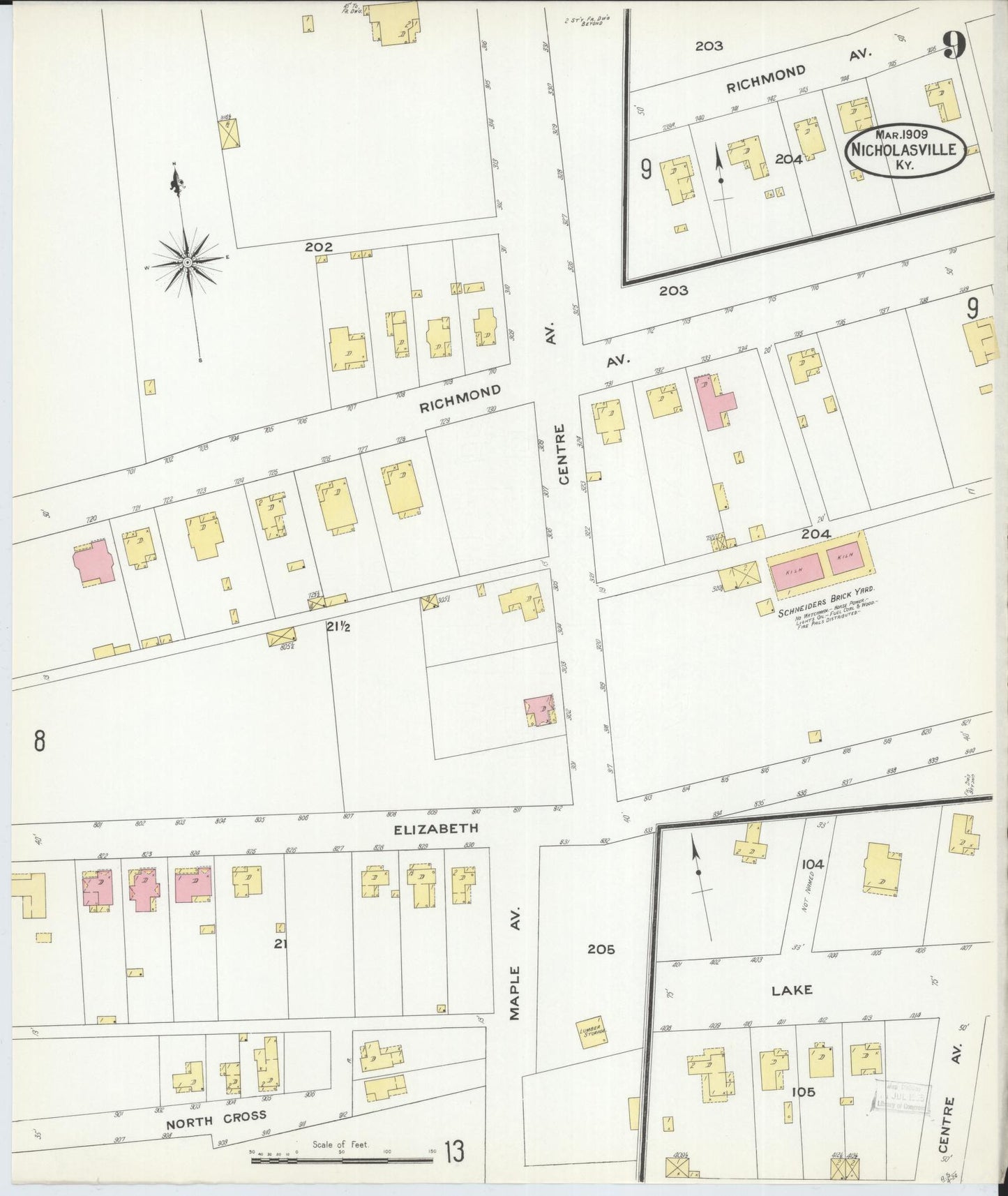 Sanborn Fire Insurance Map from Nicholasville, Jessamine County, Kentucky (1909), Sheet #0009 - Historic Sanborn Fire Insurance Map Print, vintage old map wall art, antique decor, genealogy gift, Kentucky Kentucky map