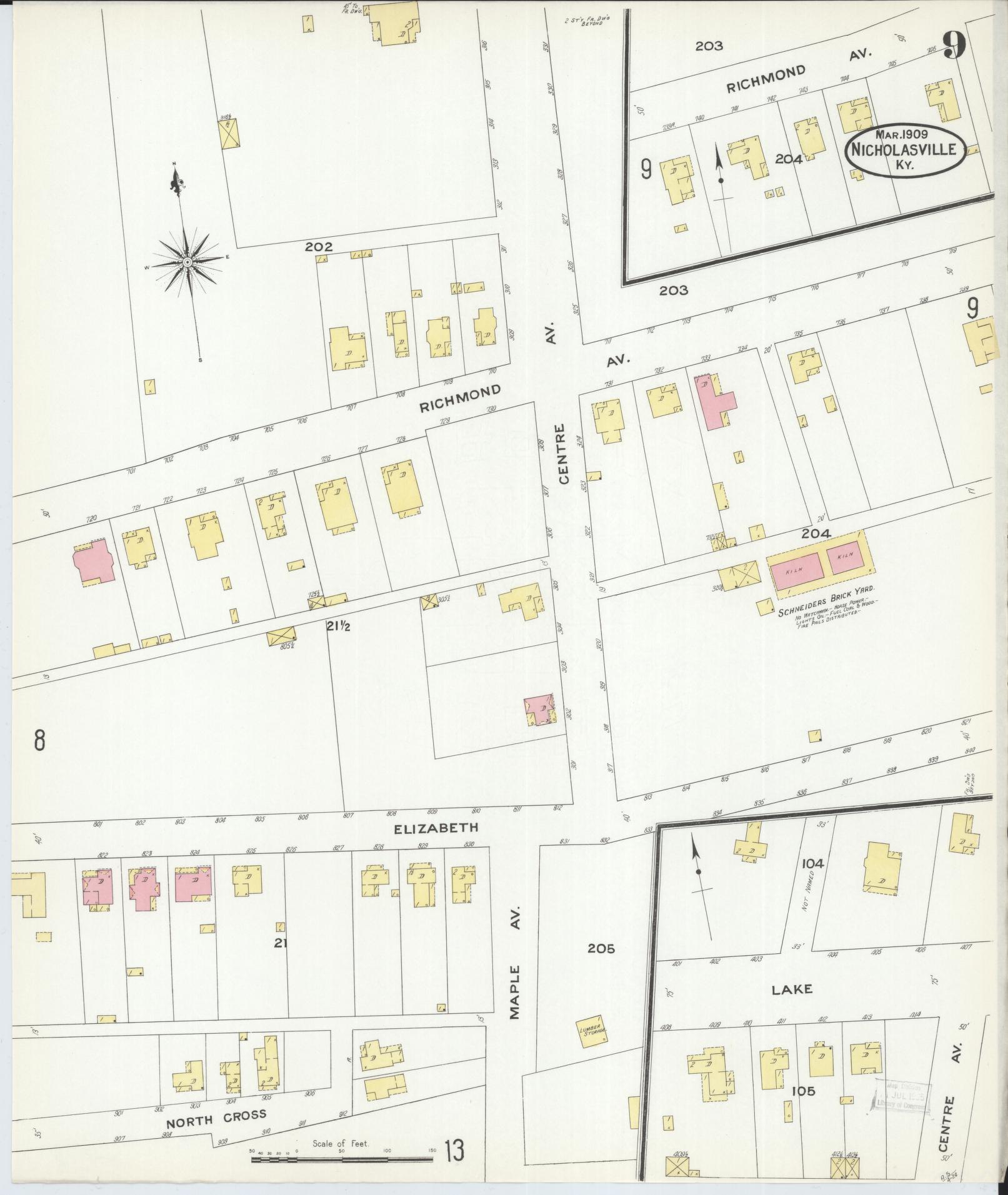 Sanborn Fire Insurance Map from Nicholasville, Jessamine County, Kentucky (1909), Sheet #0009 - Historic Sanborn Fire Insurance Map Print, vintage old map wall art, antique decor, genealogy gift, Kentucky Kentucky map