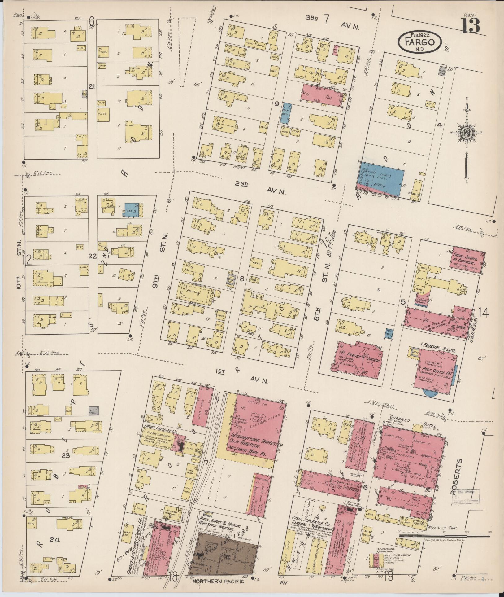 Sanborn Fire Insurance Map from Fargo, Cass County, North Dakota (1922), Sheet #0013 - Historic Sanborn Fire Insurance Map Print, vintage old map wall art, antique decor, genealogy gift, North Dakota North Dakota map