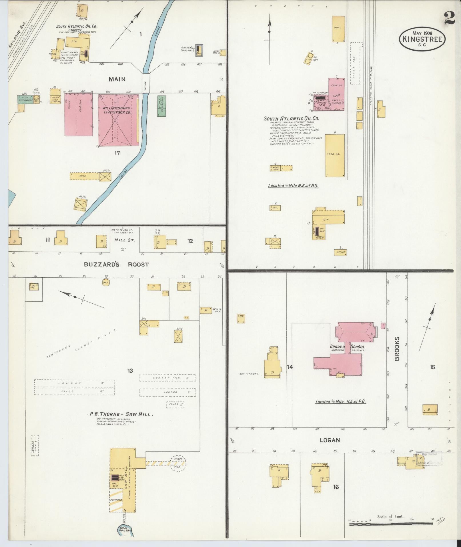 Sanborn Fire Insurance Map from Kingstree, Williamsburg County, South Carolina (1908), Sheet #0002 - Complete Map Set gallery image, historic Sanborn map, vintage wall art, South Carolina South Carolina