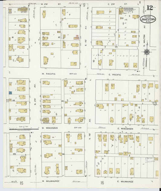 Sanborn Fire Insurance Map from Jamestown, Stutsman County, North Dakota (1919), Sheet #0012 - Historic Sanborn Fire Insurance Map Print, vintage old map wall art, antique decor, genealogy gift, North Dakota North Dakota map