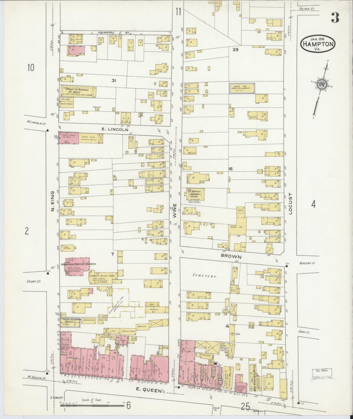 Sanborn Fire Insurance Map from Hampton, Independent Cities, Virginia (1916), Sheet #0003 - Complete Map Set gallery image, historic Sanborn map, vintage wall art, Virginia Virginia