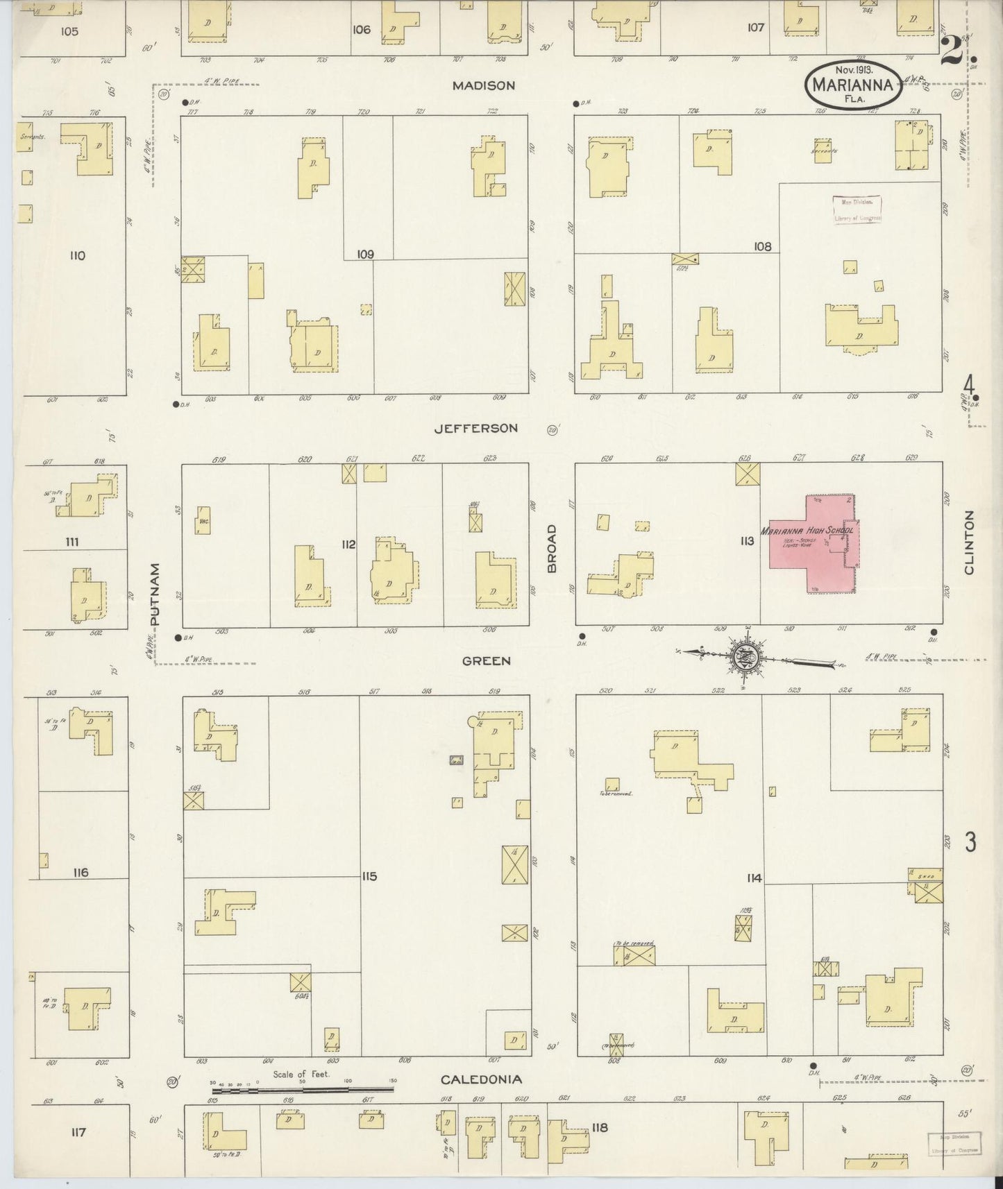 Sanborn Fire Insurance Map from Marianna, Jackson County, Florida (1913), Sheet #0002 - Historic Sanborn Fire Insurance Map Print, vintage old map wall art, antique decor, genealogy gift, Florida Florida map