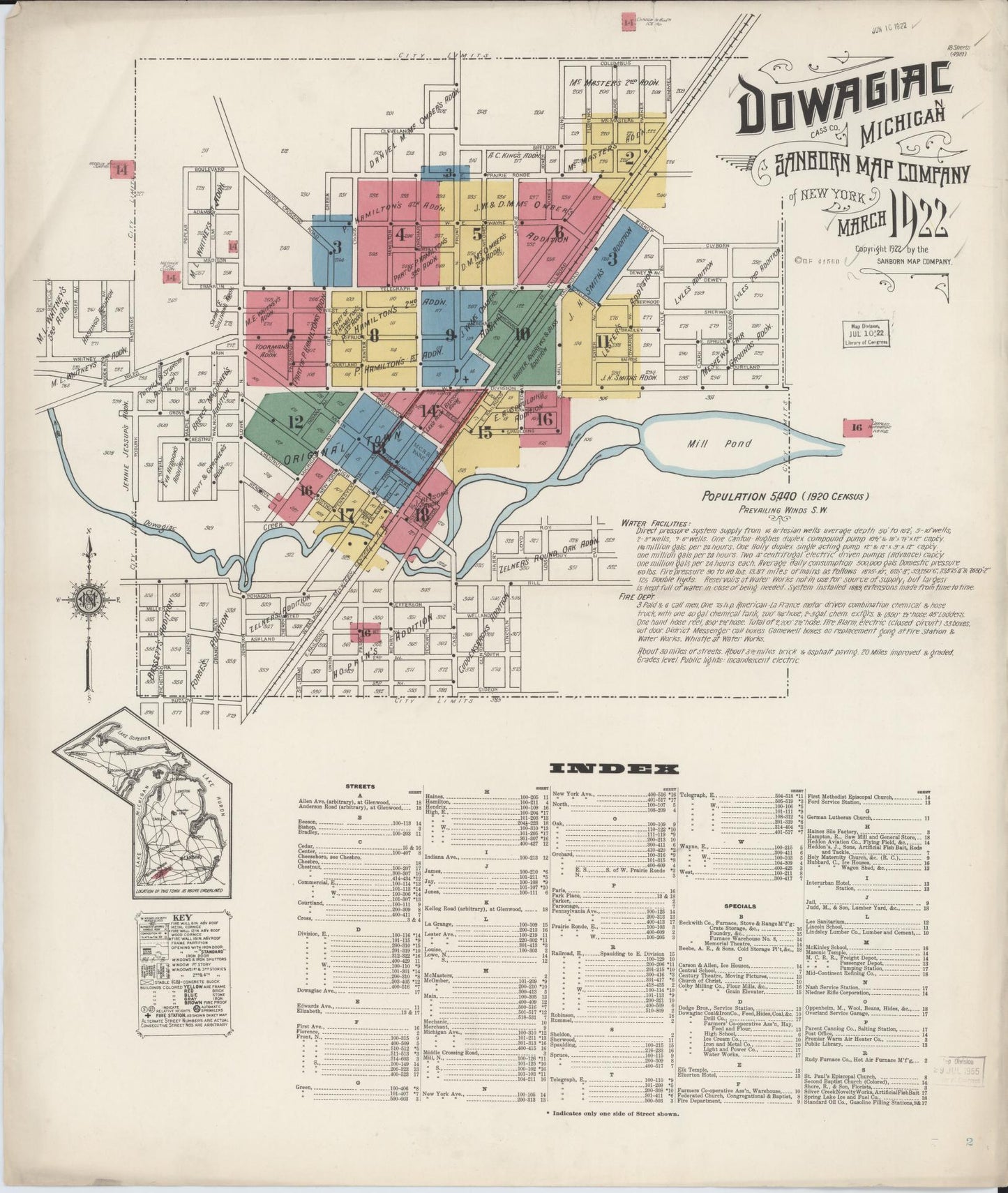 Sanborn Fire Insurance Map from Dowagiac, Cass County, Michigan (1922), Sheet #0001 - Complete Map Set gallery image, historic Sanborn map, vintage wall art, Michigan Michigan