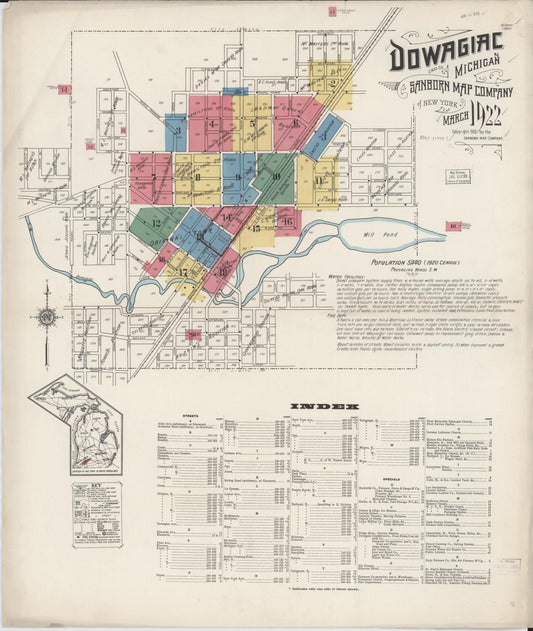 Sanborn Fire Insurance Map from Dowagiac, Cass County, Michigan (1922), Sheet #0001 - Complete Map Set gallery image, historic Sanborn map, vintage wall art, Michigan Michigan
