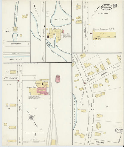 Sanborn Fire Insurance Map from Millbury, Worcester County, Massachusetts (1913), Sheet #0010 - Historic Sanborn Fire Insurance Map Print, vintage old map wall art, antique decor, genealogy gift, Massachusetts Massachusetts map