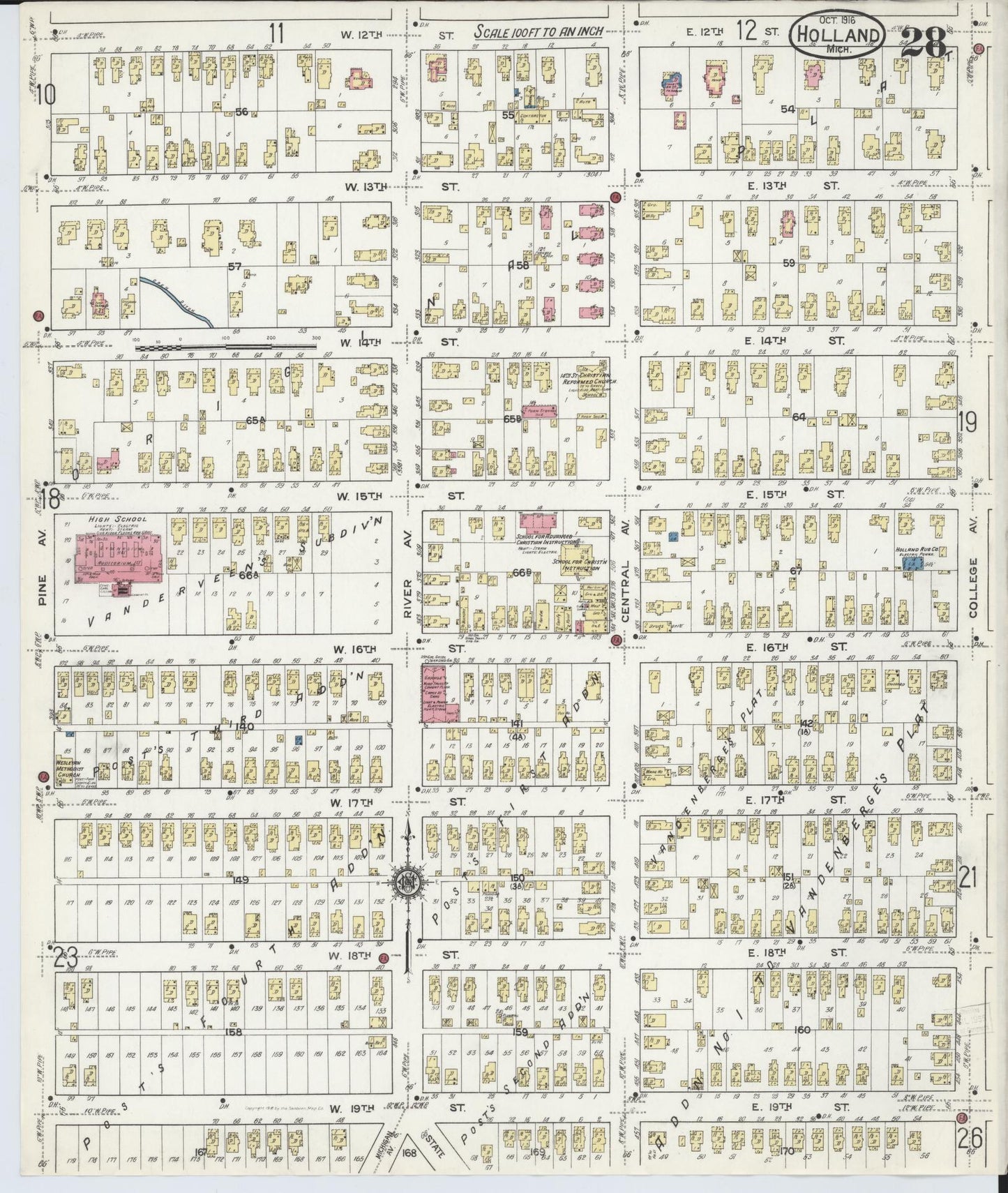 Sanborn Fire Insurance Map from Holland, Ottawa County, Michigan (1916), Sheet #0028 - Historic Sanborn Fire Insurance Map Print, vintage old map wall art, antique decor, genealogy gift, Michigan Michigan map