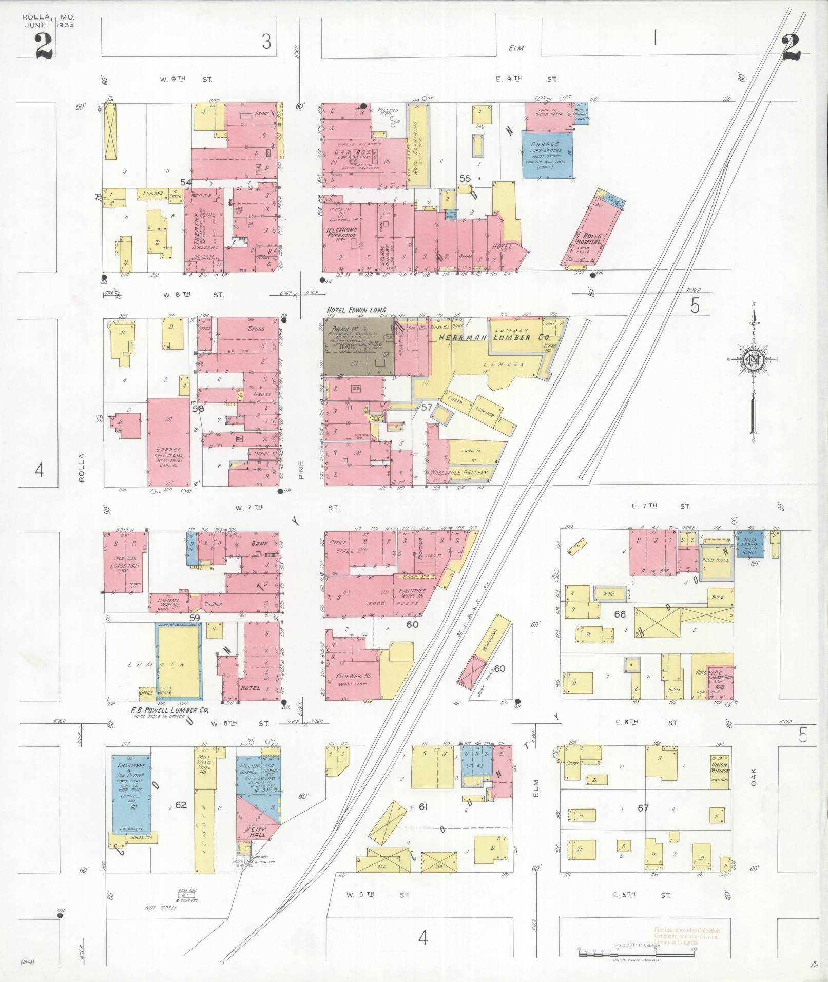 Sanborn Fire Insurance Map from Rolla, Phelps County, Missouri (1933), Sheet #0002 - Historic Sanborn Fire Insurance Map Print, vintage old map wall art, antique decor, genealogy gift, Missouri Missouri map