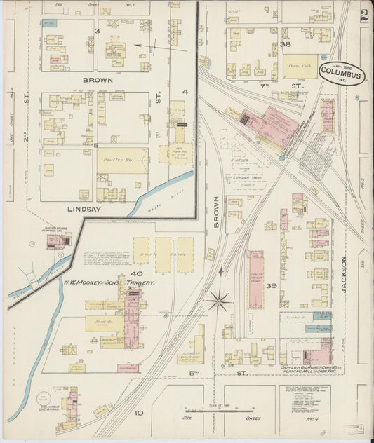 Sanborn Fire Insurance Map from Columbus, Bartholomew County, Indiana (1886), Sheet #0002 - Historic Sanborn Fire Insurance Map Print, vintage old map wall art, antique decor, genealogy gift, Indiana Indiana map