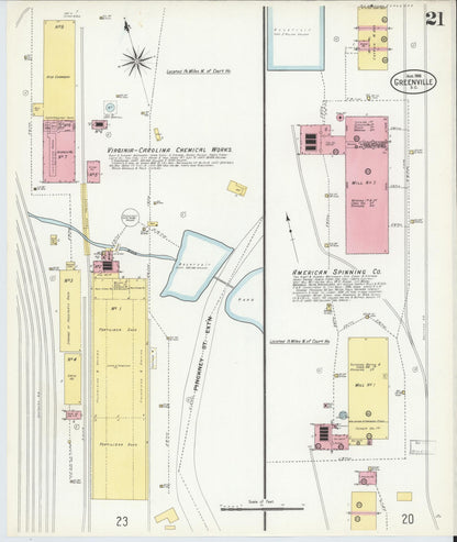 Sanborn Fire Insurance Map from Greenville, Greenville County, South Carolina (1908), Sheet #0021 - Complete Map Set gallery image, historic Sanborn map, vintage wall art, South Carolina South Carolina