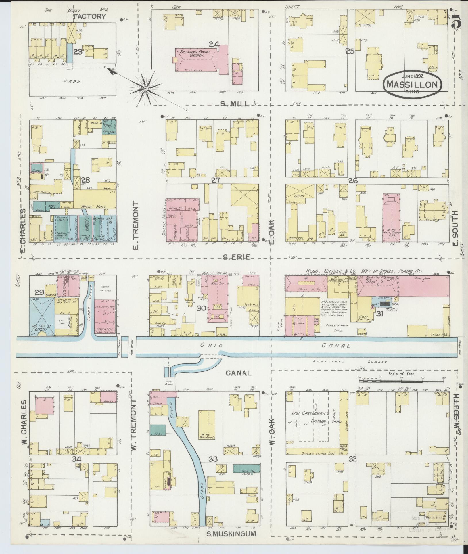 Sanborn Fire Insurance Map from Massillon, Stark County, Ohio (1892), Sheet #0005 - Historic Sanborn Fire Insurance Map Print, vintage old map wall art, antique decor, genealogy gift, Ohio Ohio map