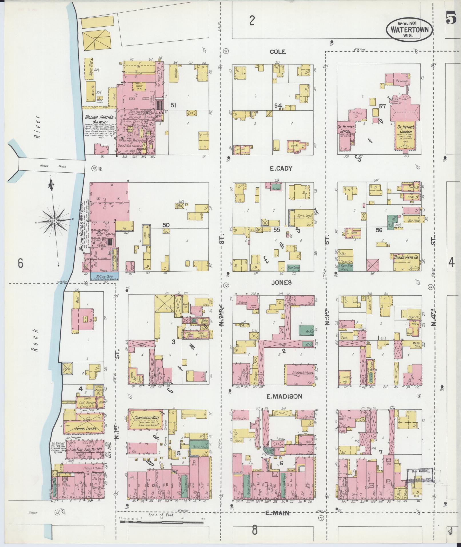 Sanborn Fire Insurance Map from Watertown, Jefferson County, Wisconsin (1901), Sheet #0005 - Complete Map Set gallery image, historic Sanborn map, vintage wall art, Wisconsin Wisconsin