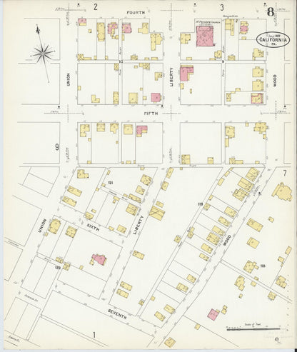 Sanborn Fire Insurance Map from California, Washington County, Pennsylvania (1907), Sheet #0008 - Complete Map Set gallery image, historic Sanborn map, vintage wall art, California California