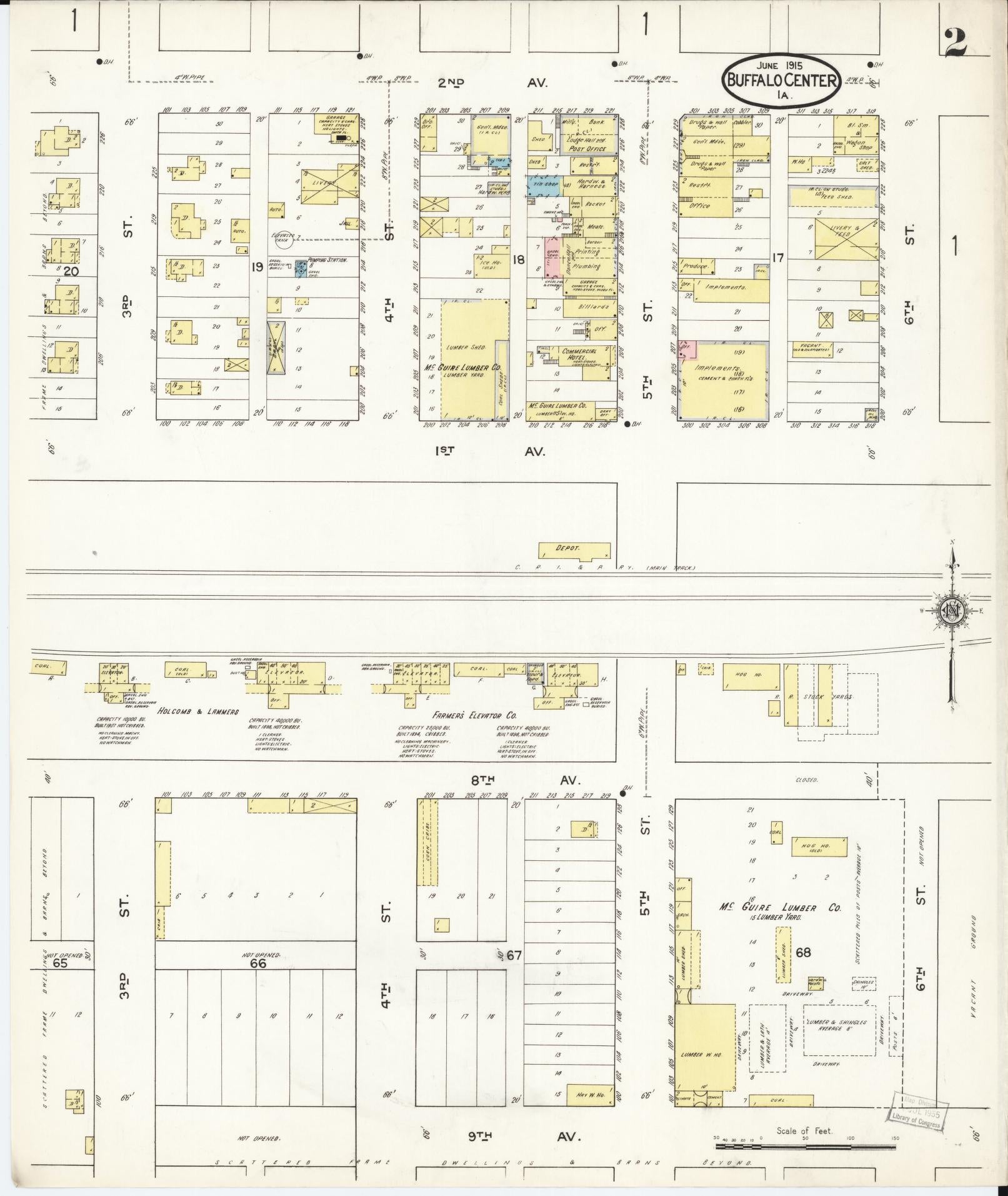 Sanborn Fire Insurance Map from Buffalo Center, Winnebago County, Iowa (1915), Sheet #0002 - Historic Sanborn Fire Insurance Map Print, vintage old map wall art