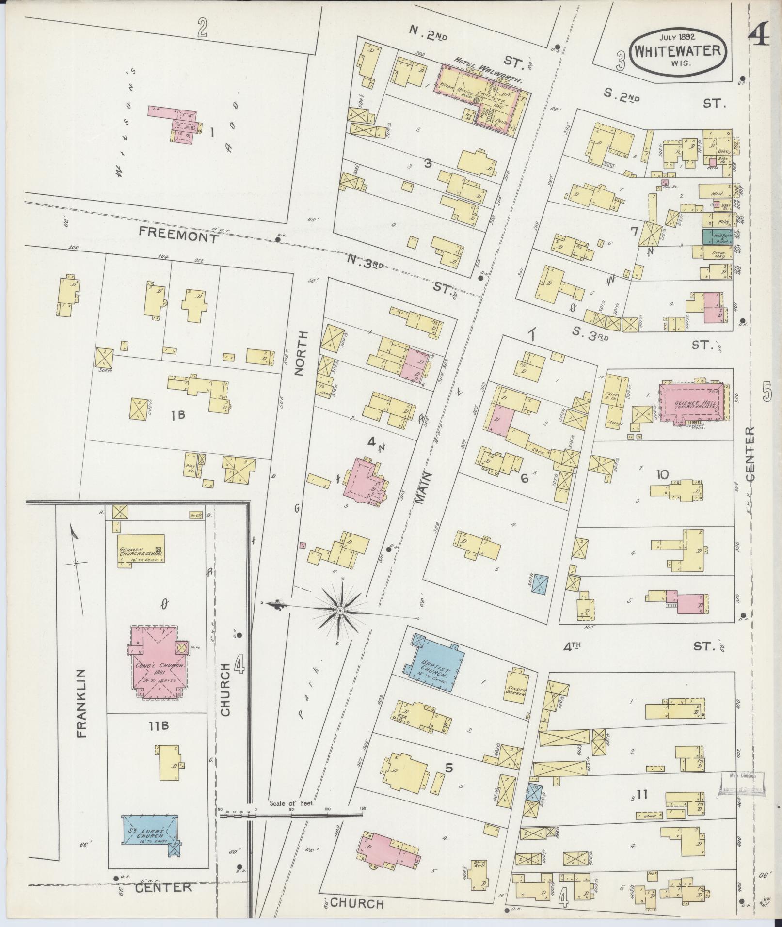 Sanborn Fire Insurance Map from Whitewater, Walworth County, Wisconsin (1892), Sheet #0004 - Historic Sanborn Fire Insurance Map Print, vintage old map wall art, antique decor, genealogy gift, Wisconsin Wisconsin map