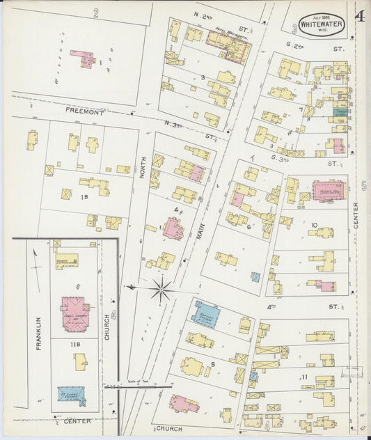 Sanborn Fire Insurance Map from Whitewater, Walworth County, Wisconsin (1892), Sheet #0004 - Historic Sanborn Fire Insurance Map Print, vintage old map wall art, antique decor, genealogy gift, Wisconsin Wisconsin map
